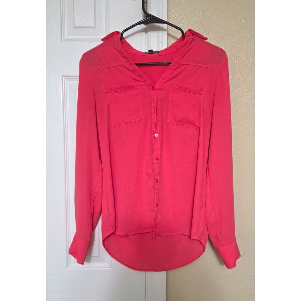 Express Women's XS Pink Solid Button-Up Chiffon Polyester Collared Blouse